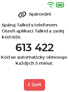 Obrazovka párovacího kódu