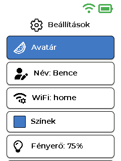 Beállítások képernyő